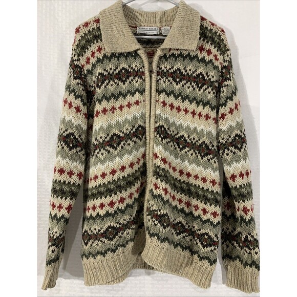 Vintage Carolyn Taylor Fair Isle Zip Up Sweater Womens M Cardigan Wool Blend - Picture 1 of 6